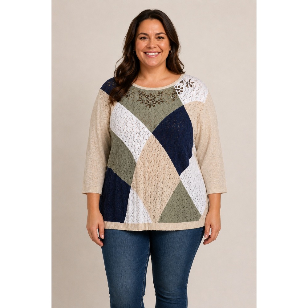 Alfred Dunner Sweater Womens Large Beige Navy Sage‎ Green Patchwork Beaded Fall